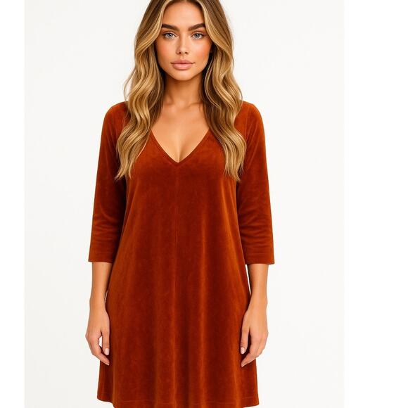 Gudren Sjoden Rust Velvet V-Neck Shift Dress, Lagenlook, Pockets Holiday XL - Picture 2 of 4